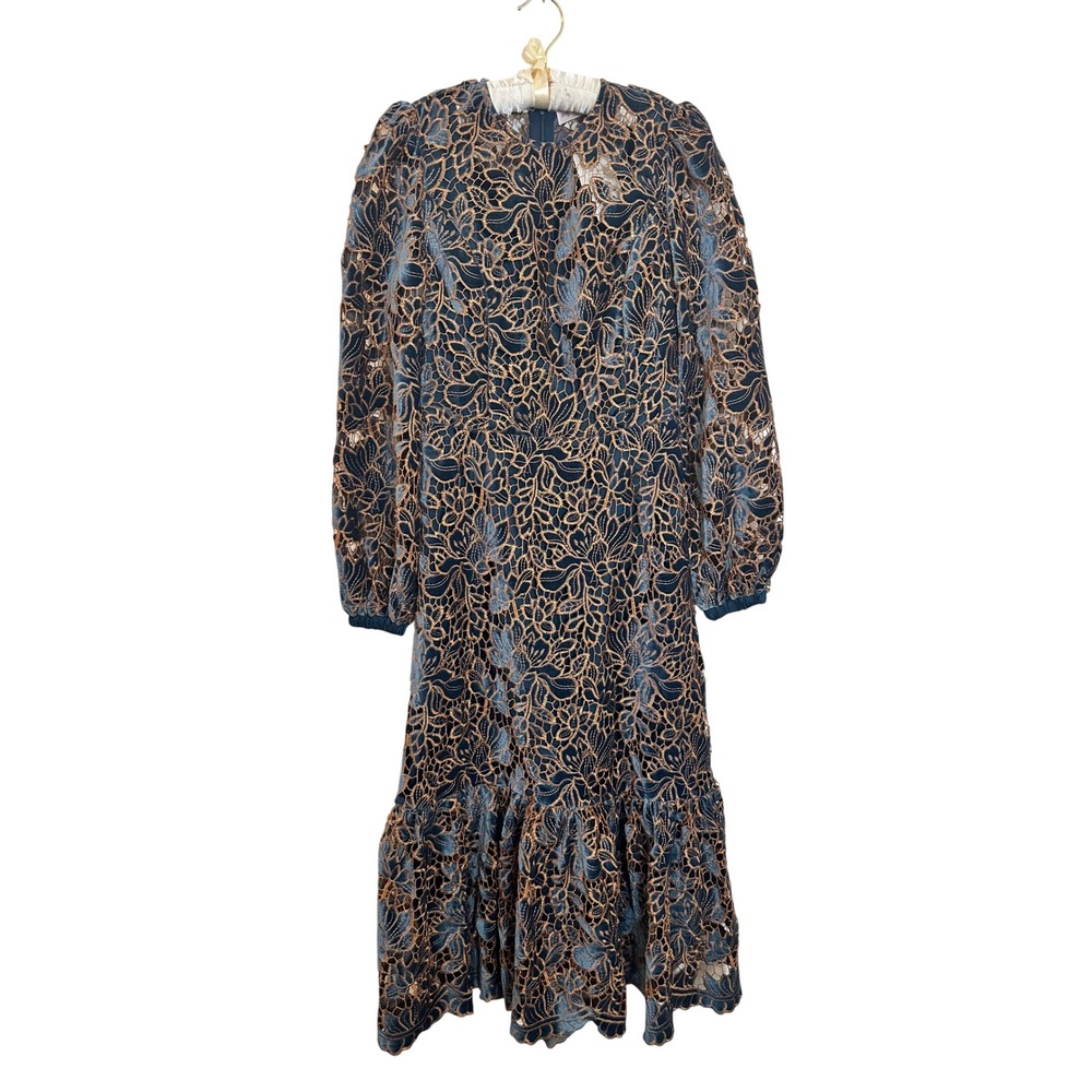 Ivy City Co. Janelle Midi Dress Size 4 Navy Gold Velvet Floral Lace Tiered NEW